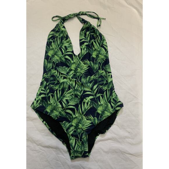 NEW NWT ONIA Halter 1 PIECE SWIMSUIT GREEN BLACK Palm Print V Neck SZ XLarge XL - Picture 1 of 5